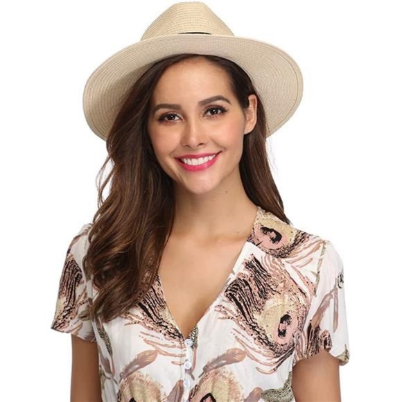 Lanzom Women Wide Brim Straw Panama Roll up Hat Fedora Beach Sun Hat UPF50+